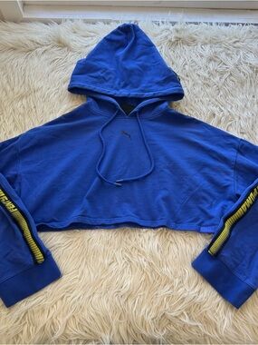 Puma x Fenty Rihanna Blue Cropped Hoodie Racer Stripes Boxy Oversized Size S